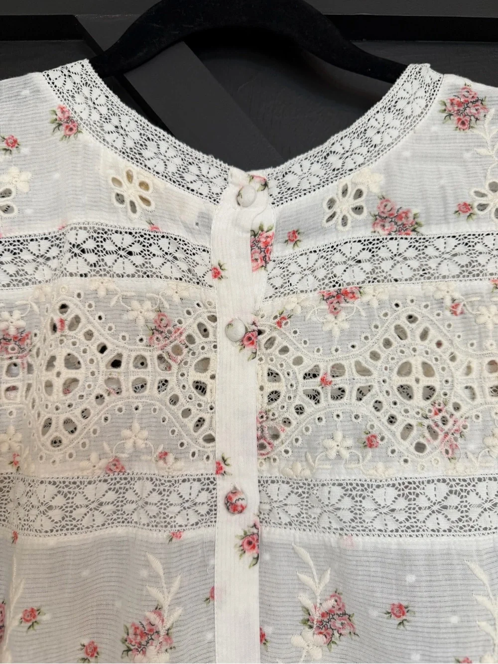 LoveShackFancy Tilda Top in French Cream/Pink Floral, Size Small